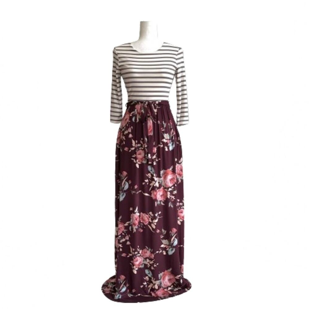 Lux & Co Bernice 2fer Knit Burgundy Tan Stripe Floral Pockets Maxi Dress XS NEW - Picture 2 of 13